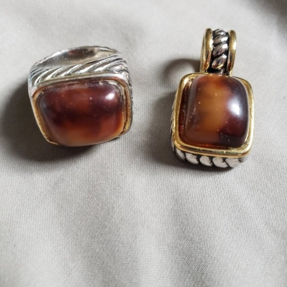Amber Stone Sterling Silver Pendant and Ring Set